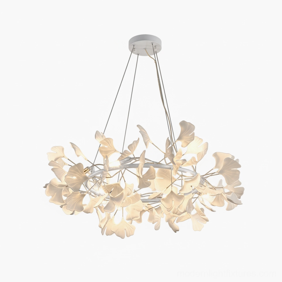 Ginkgo leaf chandelier O white metal body white ceramic leaves gallery aesthetic
