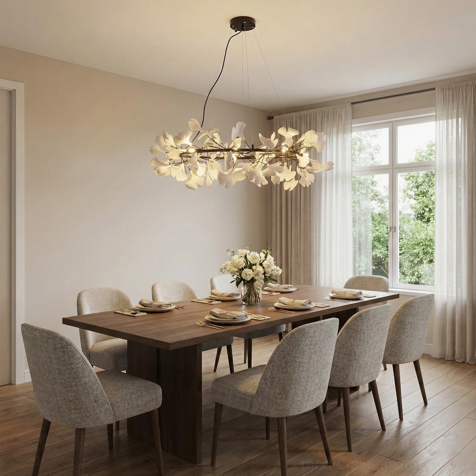 Linear ginkgo leaf chandelier in modern wooden dining room with large windows and warm light diffusion