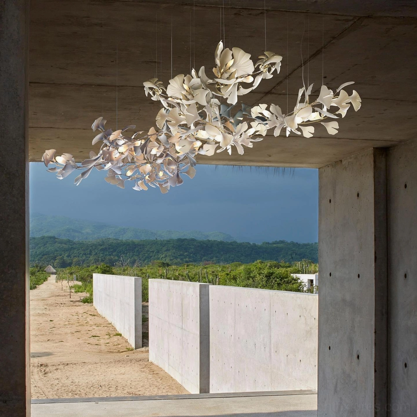 Ginkgo leaf chandelier low side angle in modern concrete outdoor corridor with mountain landscape