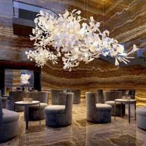 Large ginkgo leaf pendant chandelier overhead view showing full leaf cluster and branch structure