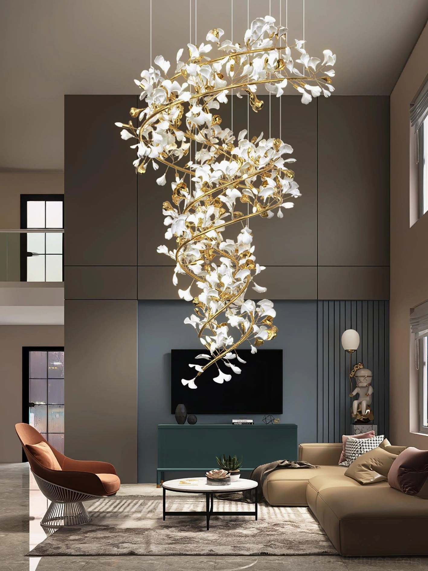 Overhead view of long spiral hanging ginkgo leaf chandelier in modern duplex living room with luxury home decor styling