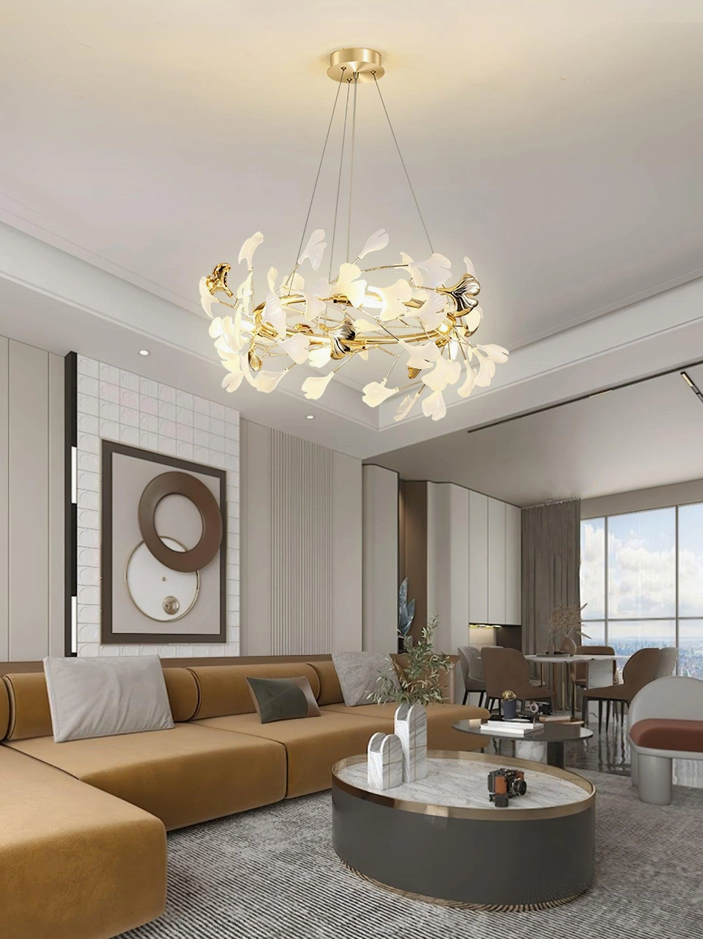 Artistic ginkgo leaf pendant chandelier with petal-style white ceramic elements in large living room