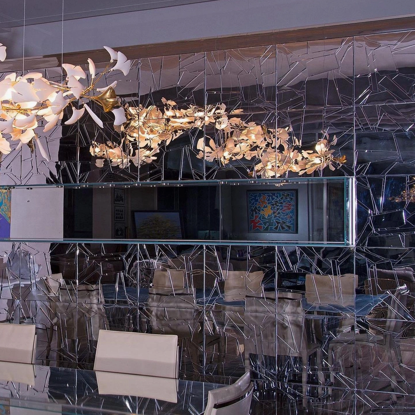 Ginkgo leaf chandelier sizing comparison showing different available dimensions and bulb configurations