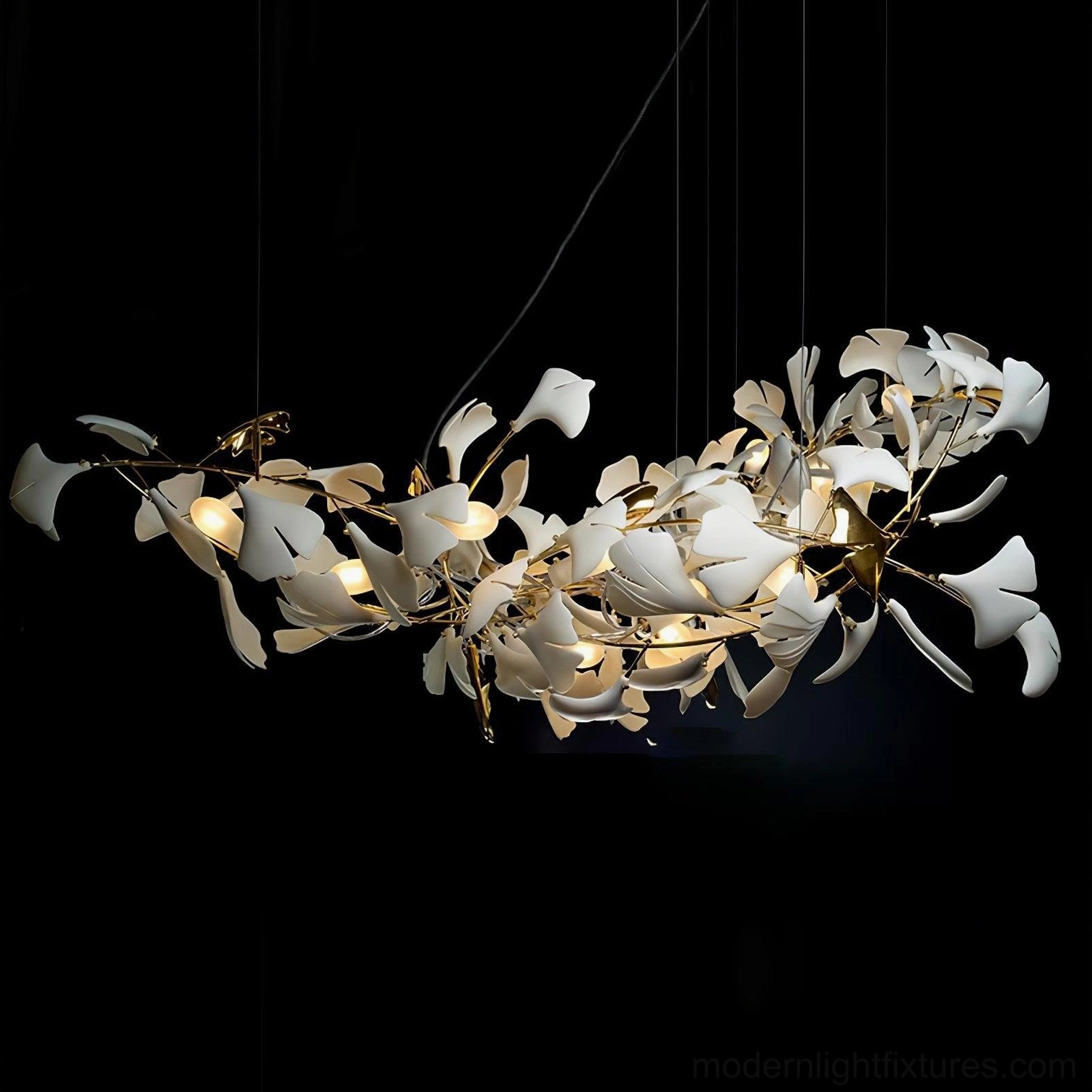 Ginkgo leaf chandelier spa wellness environment showcasing calm botanical aesthetic and tranquility