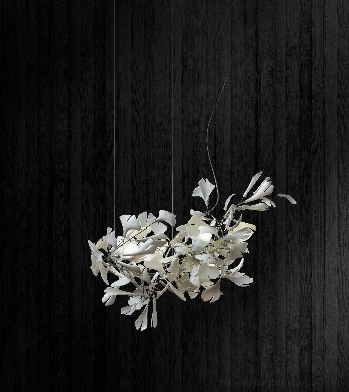 Ginkgo leaf chandelier studio photography showcasing overall silhouette and branching structure