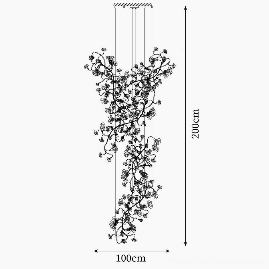 Orthographic technical drawing ginkgo pendant chandelier 100cm diameter 200cm height specifications