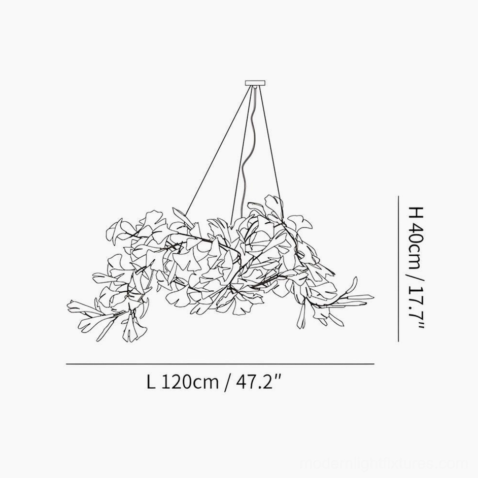 Ginkgo leaf chandelier technical line drawing specification sketch with 120cm length measurement and structural dimensions, flat technical illustration