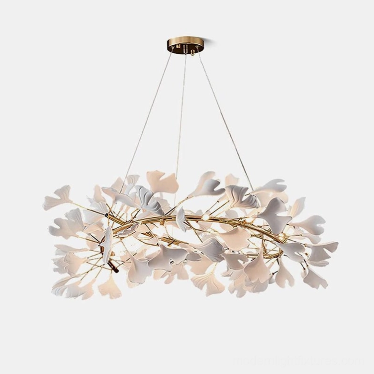 Contemporary ginkgo leaf chandelier U-style with ceramic leaves in luxury interior