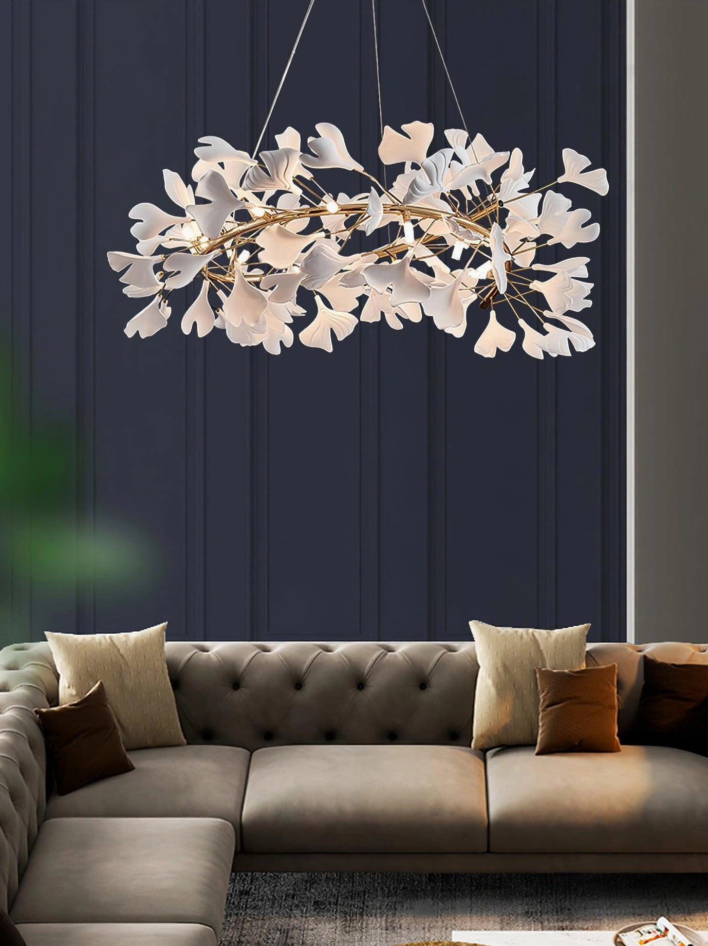 Ginkgo leaf chandelier with adjustable metal branches showing open U-frame architecture