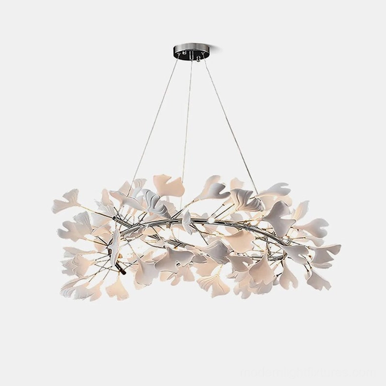 Ginkgo leaf chandelier U-style large size with nickel body and white ceramic leaves