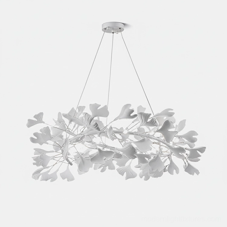 Large ginkgo leaf chandelier U-style with white body and white ceramic leaf accents
