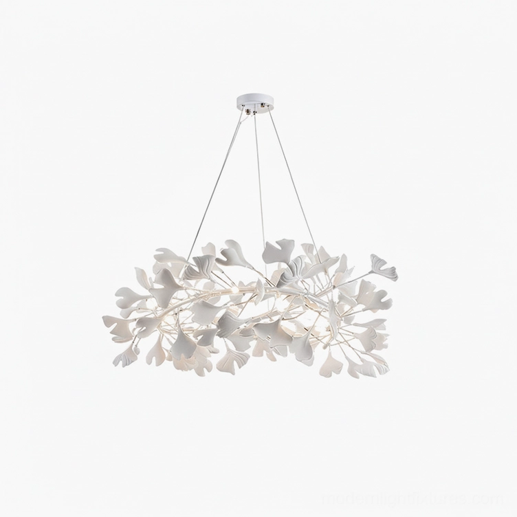 Ginkgo leaf chandelier U-style medium size with white body and white ceramic leaves