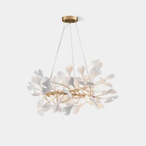 Ginkgo leaf chandelier U-style with white ceramic leaves and gold metal frame, front studio view
