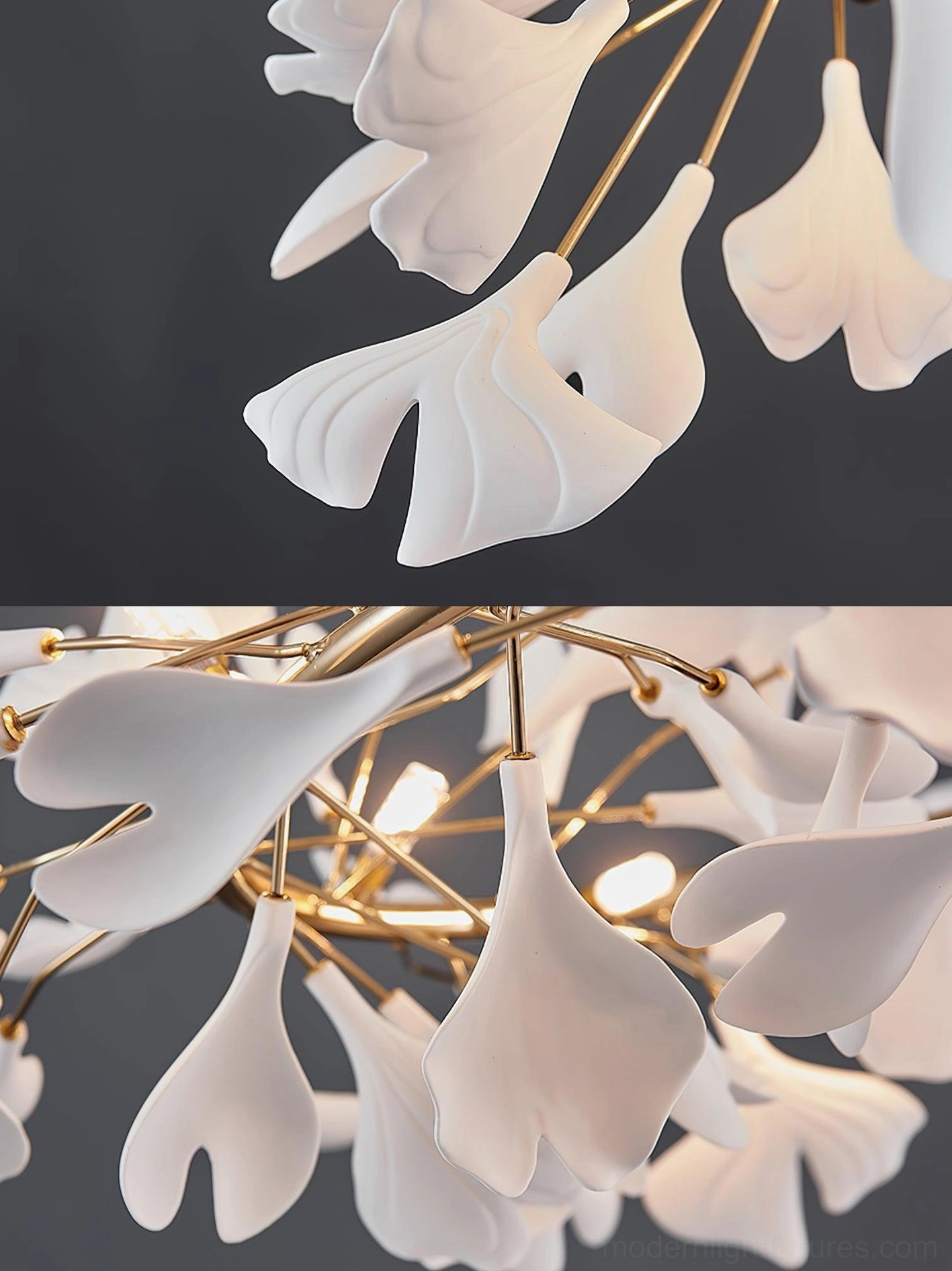 Contemporary ginkgo leaf U-style chandelier installation in modern living interior