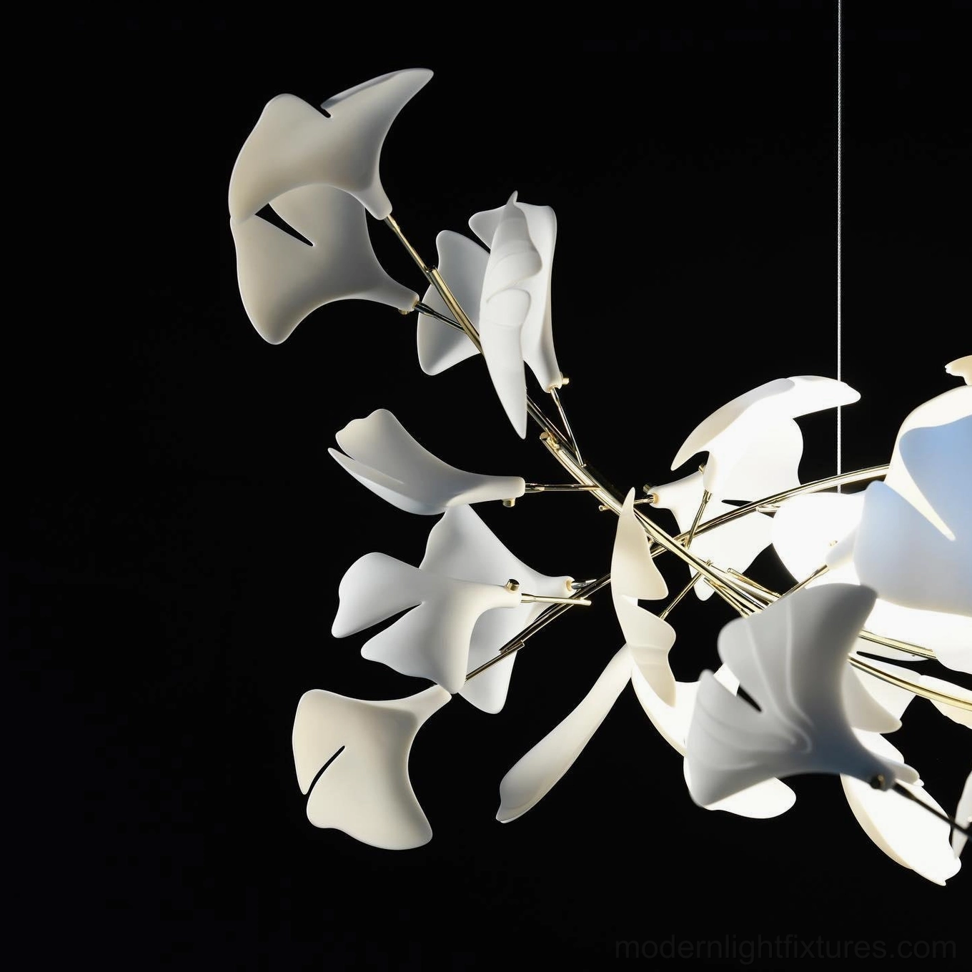 Modern ginkgo leaf pendant with white finish and ceramic leaf sculpture details