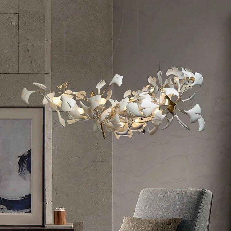 Ginkgo leaf pendant light fixture showing white finish body with ceramic leaf elements