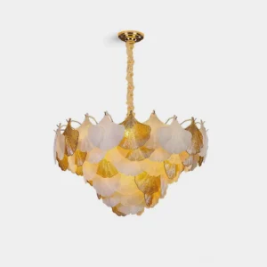 Ginkgo leaf glass chandelier with white and gold petal shades, front view showcasing dual-tone design and luxury lighting aesthetic
