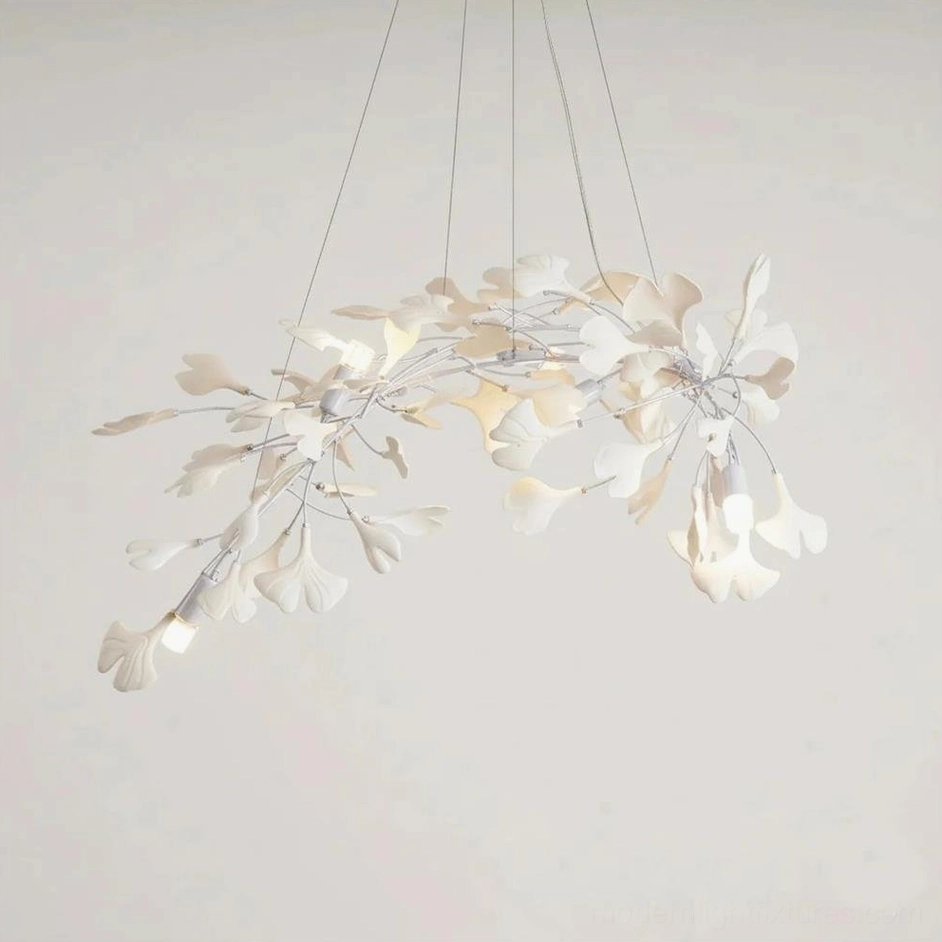 Ginkgo leaf pendant chandelier white body and white ceramic leaves minimalist version