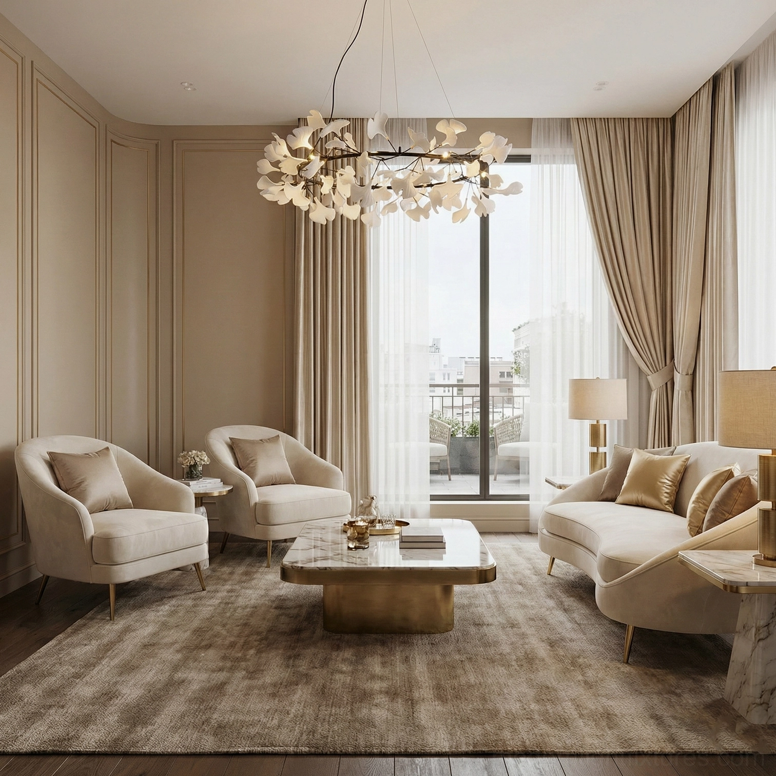 Dual ginkgo leaf chandeliers in luxury modern living room with sofas creating warm creamy light ambiance