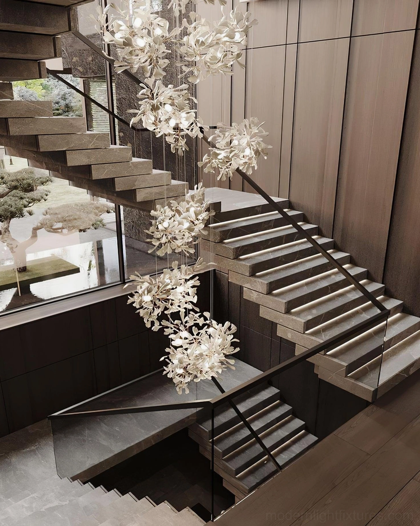 Ginkgo chandelier leaf detail showing ceramic texture and organic fan-like silhouette form