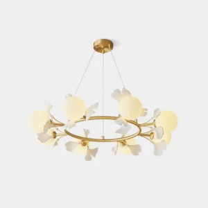 Modern ginkgo leaf chandelier with brass frame and frosted glass shades front view