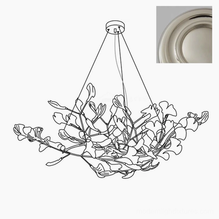 Contemporary ginkgo leaf pendant light - full product view of modern ceramic and metal chandelier fixture