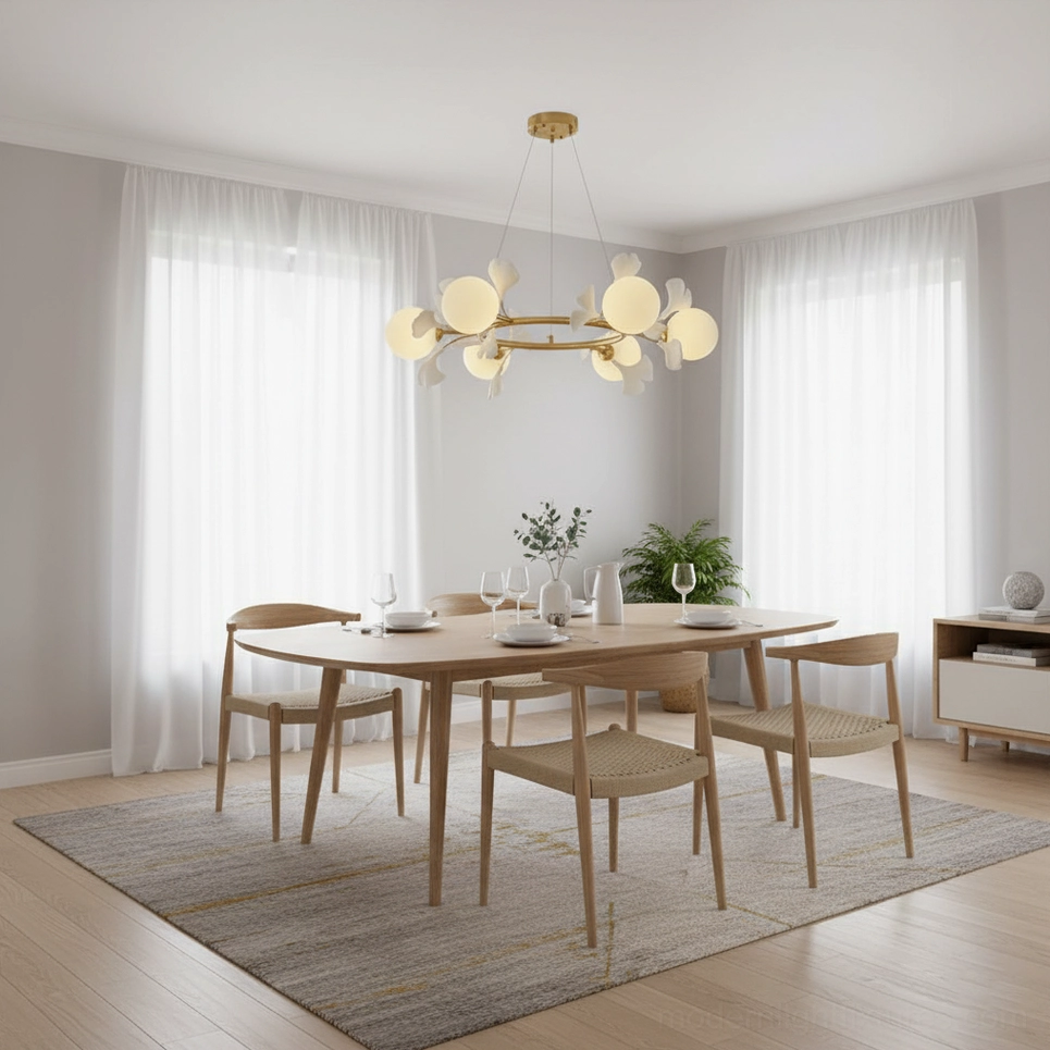 Ginkgo leaf ring pendant chandelier modern minimalist design brass glass