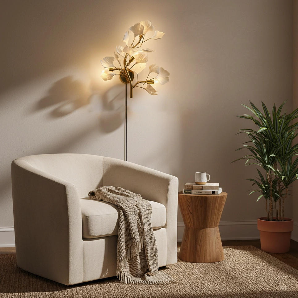 Modern minimalist ginkgo leaf wall sconce in contemporary interior setting with neutral color palette