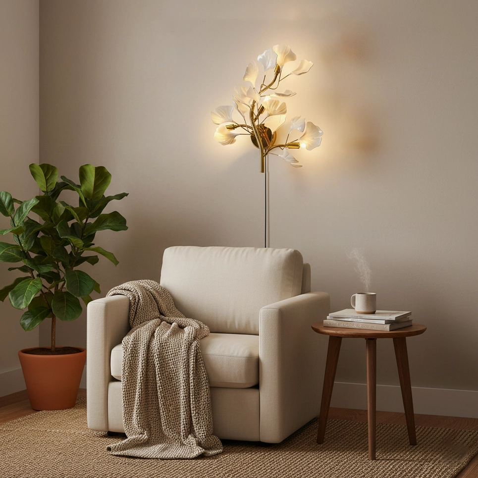 Ginkgo leaf plug-in wall sconce detail shot showing gold metal frame and white acrylic leaf construction