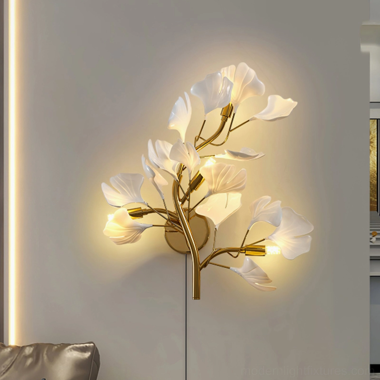Ginkgo leaf wall sconce gold and white color variant close-up showing premium material quality