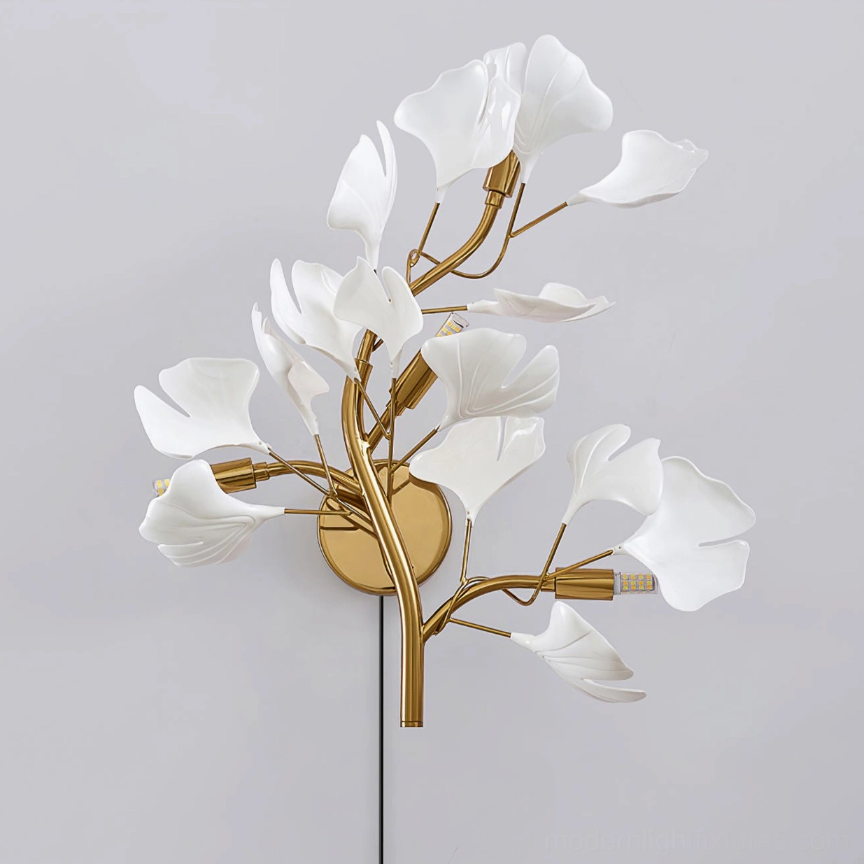 Gold and white ginkgo leaf wall sconce close-up showing G9 socket design and premium craftsmanship