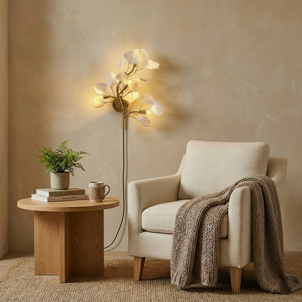Modern ginkgo leaf wall sconce in living room lounge corner with fabric armchair and side table warm ambiance