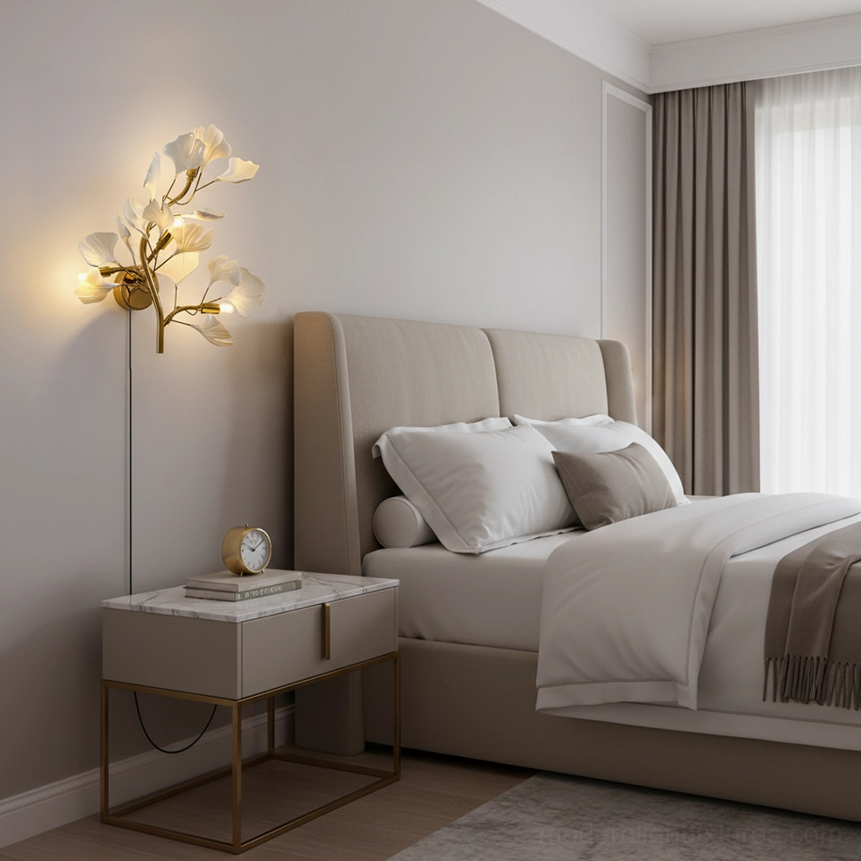 Ginkgo leaf wall sconce in luxury bedroom with upholstered bed and floor-to-ceiling curtains, ambient lighting