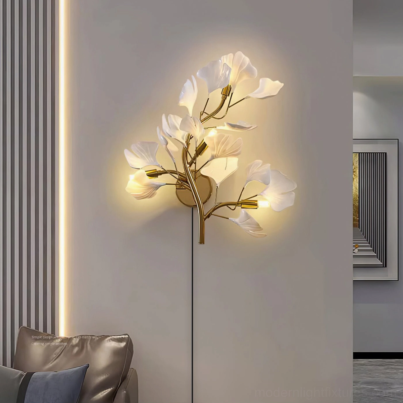 Modern ginkgo leaf wall sconce showing power cord integration and three-dimensional leaf structure design
