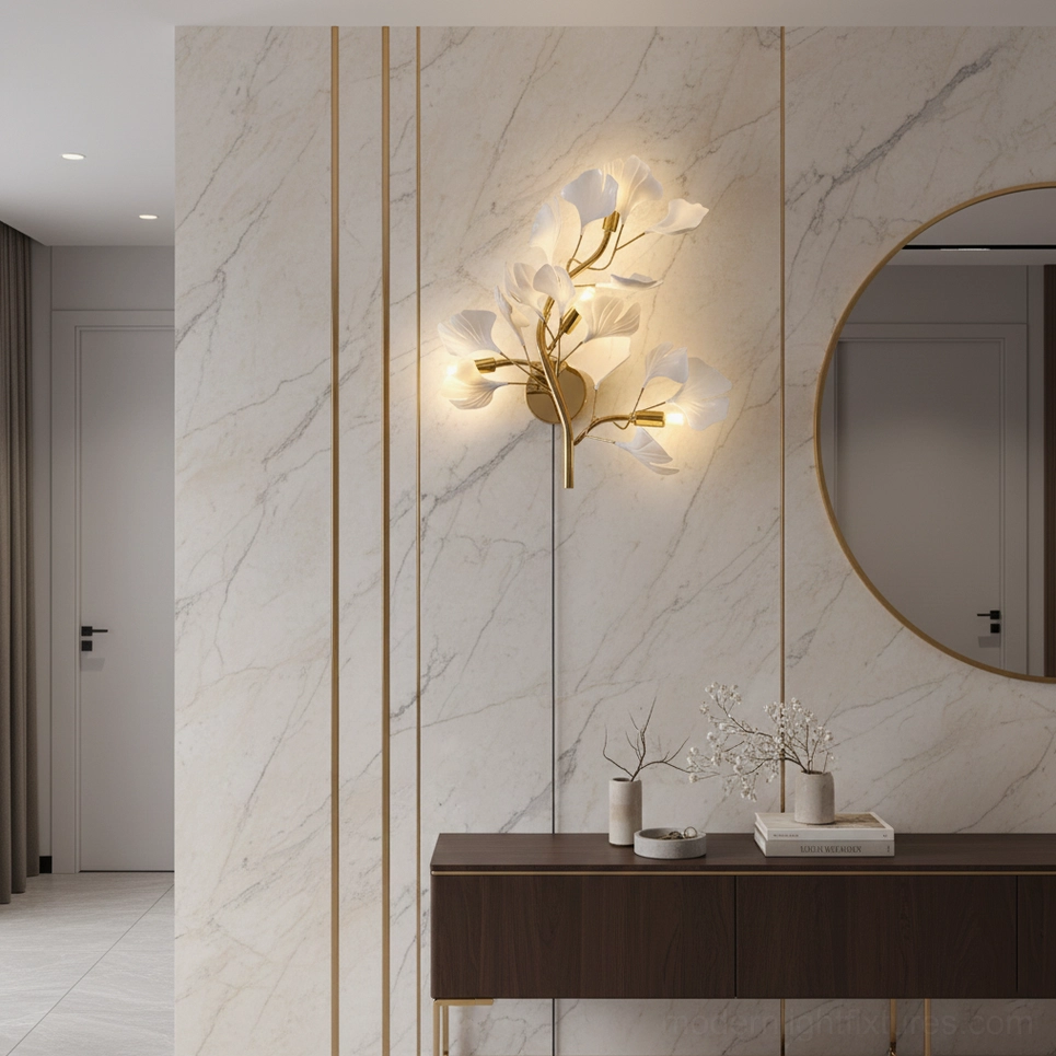 Ginkgo leaf wall sconce side angle view showing three-dimensional sculptural form and light distribution