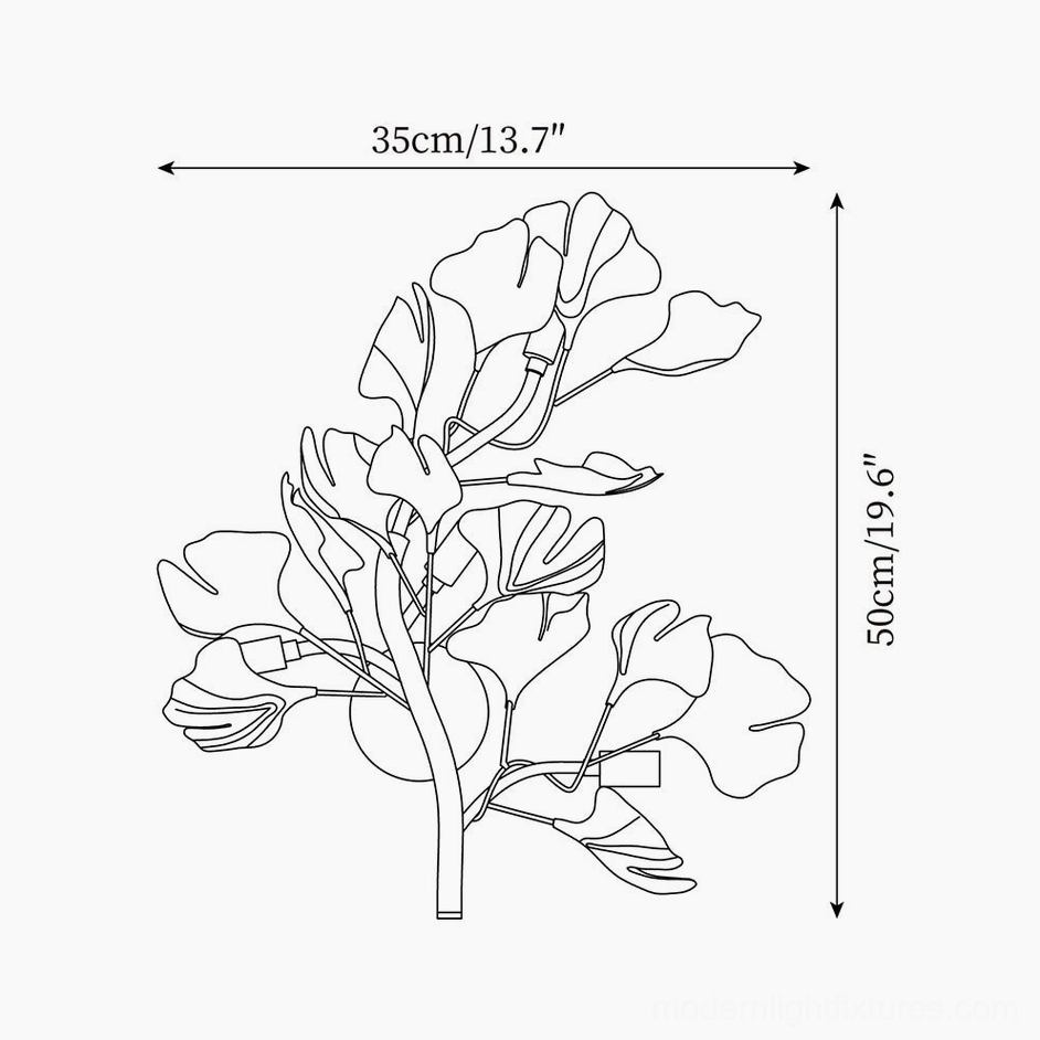 Ginkgo leaf wall sconce technical dimension drawing showing 35cm diameter and 50cm height specifications