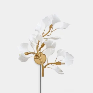 Ginkgo leaf plug-in wall sconce with gold metal frame and white acrylic leaf diffusers, front studio view