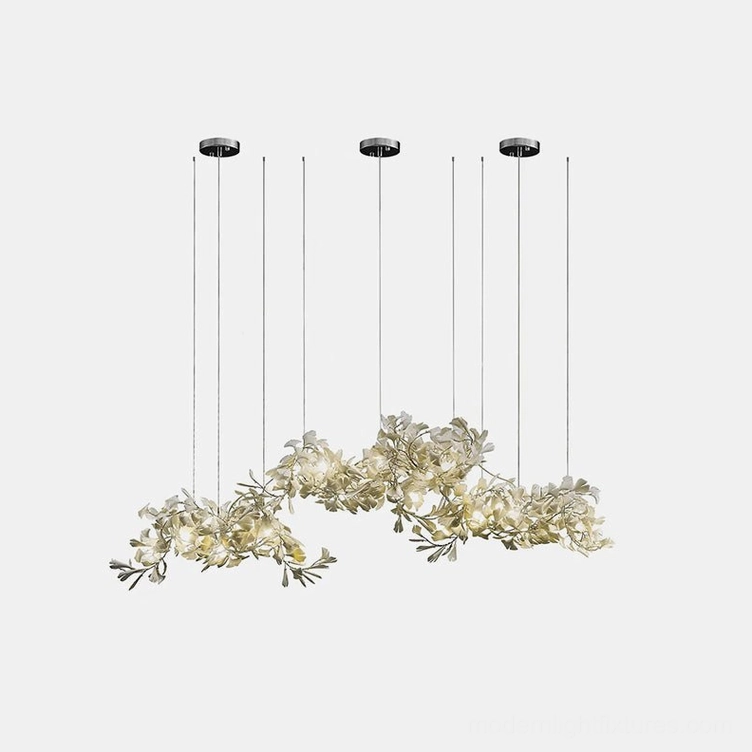 Ginkgo leaf chandelier 4-piece 300cm configuration with nickel body and white ceramic leaves
