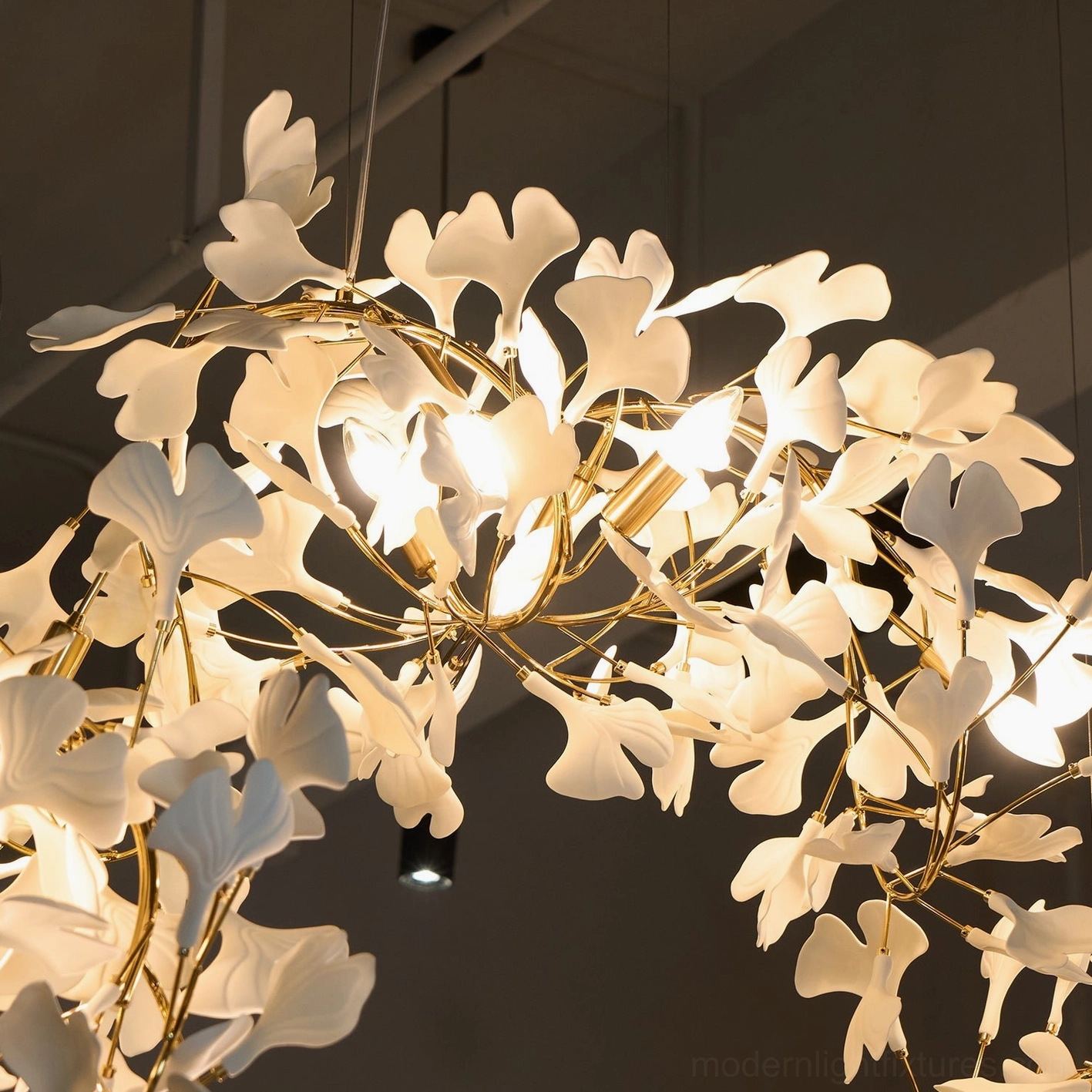 Modern ginkgo leaf chandelier C style with ceramic leaves and metal branch detail specifications