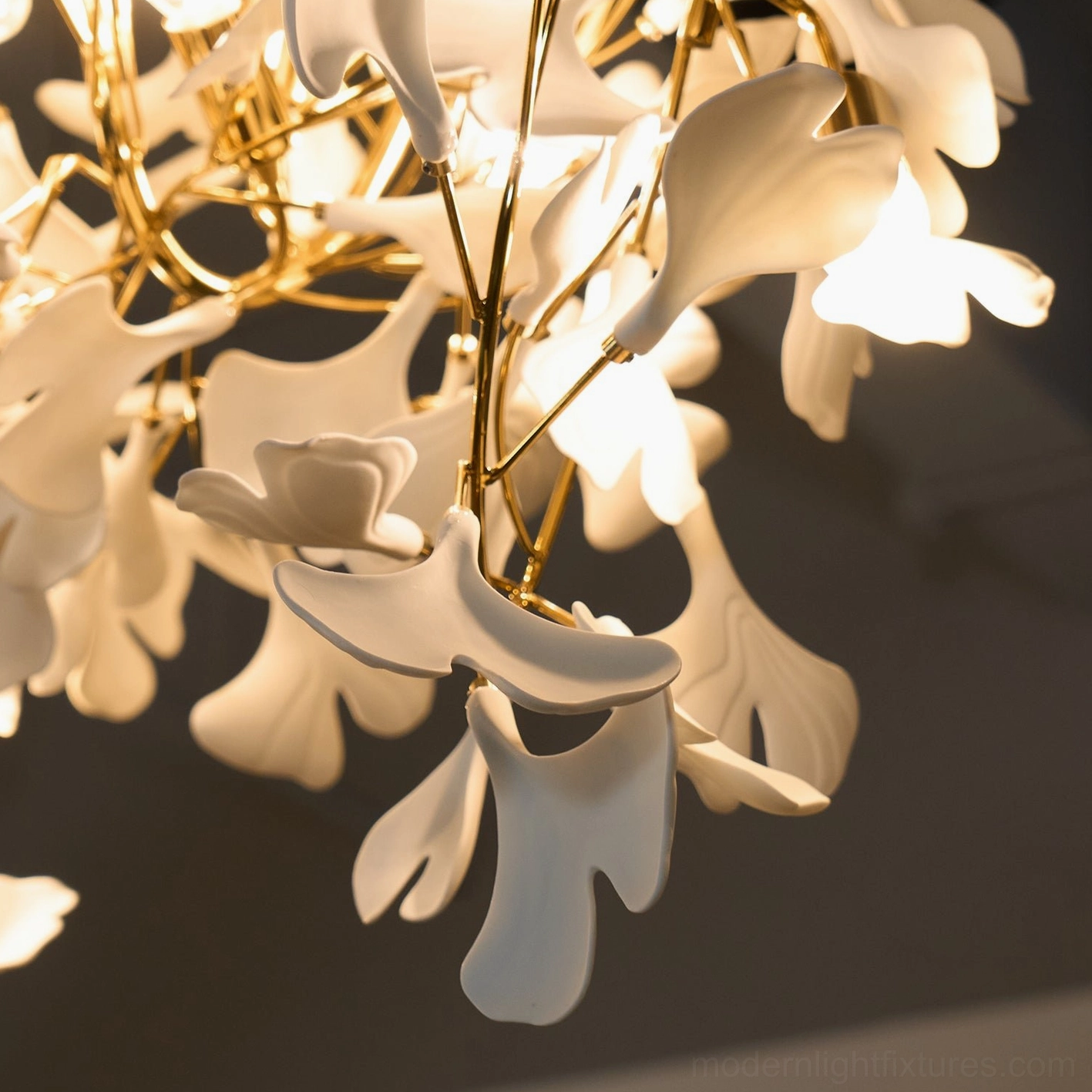 Ginkgo leaf chandelier C style dimensional specifications in metric and imperial measurements