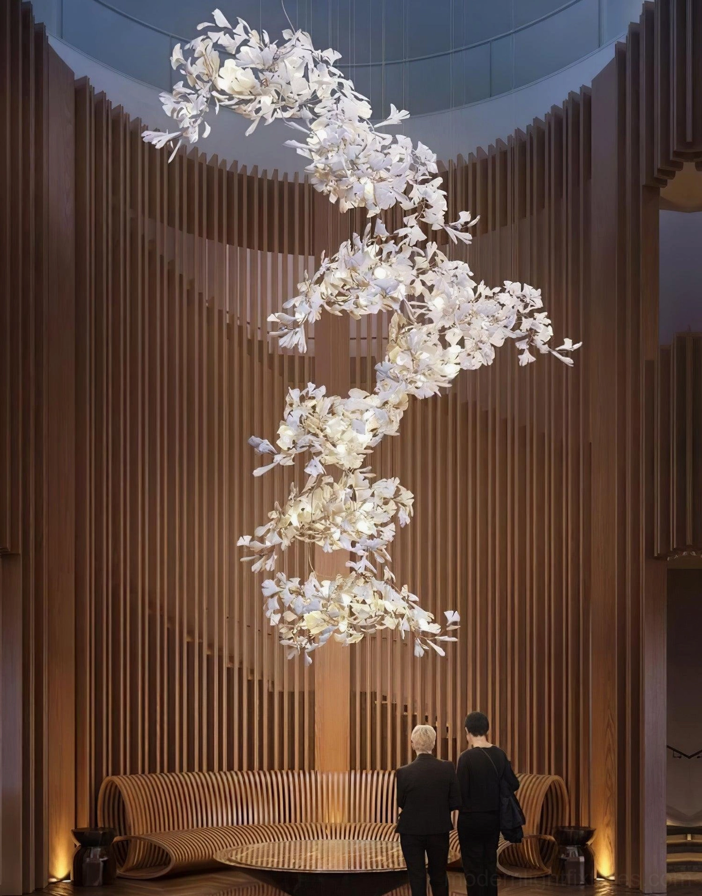 Modern ginkgo leaf pendant chandelier artistic composition showing sculptural botanical design