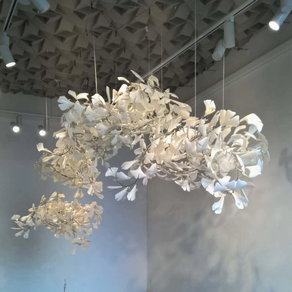 Ginkgo leaf chandelier with nickel finish option and premium metal construction for durability