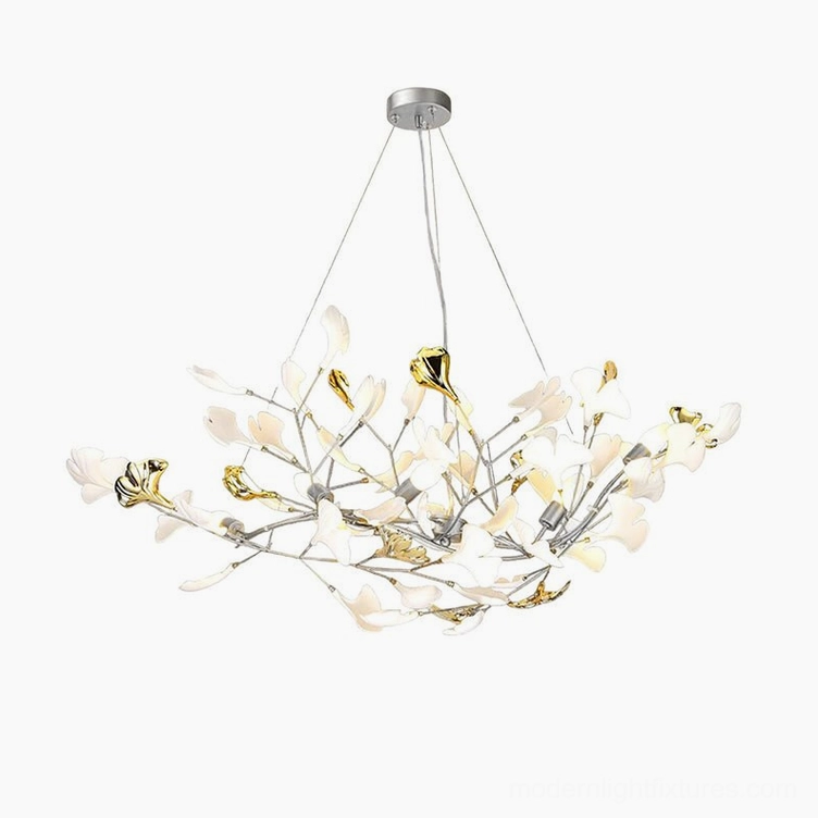 Modern ginkgo leaf pendant chandelier - nickel metal frame with sculptural white ceramic leaves