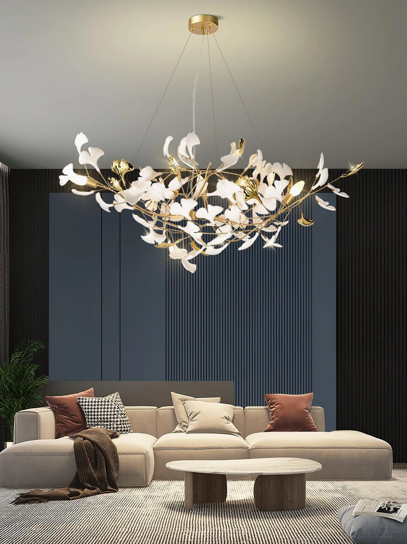Modern ginkgo leaf pendant light fixture - full view showing adjustable branching structure and ceramic leaves