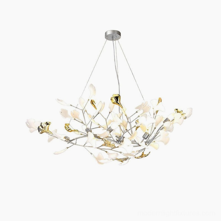 Ginkgo leaf pendant light - nickel body option with sculptural ceramic leaves and flexible branch design