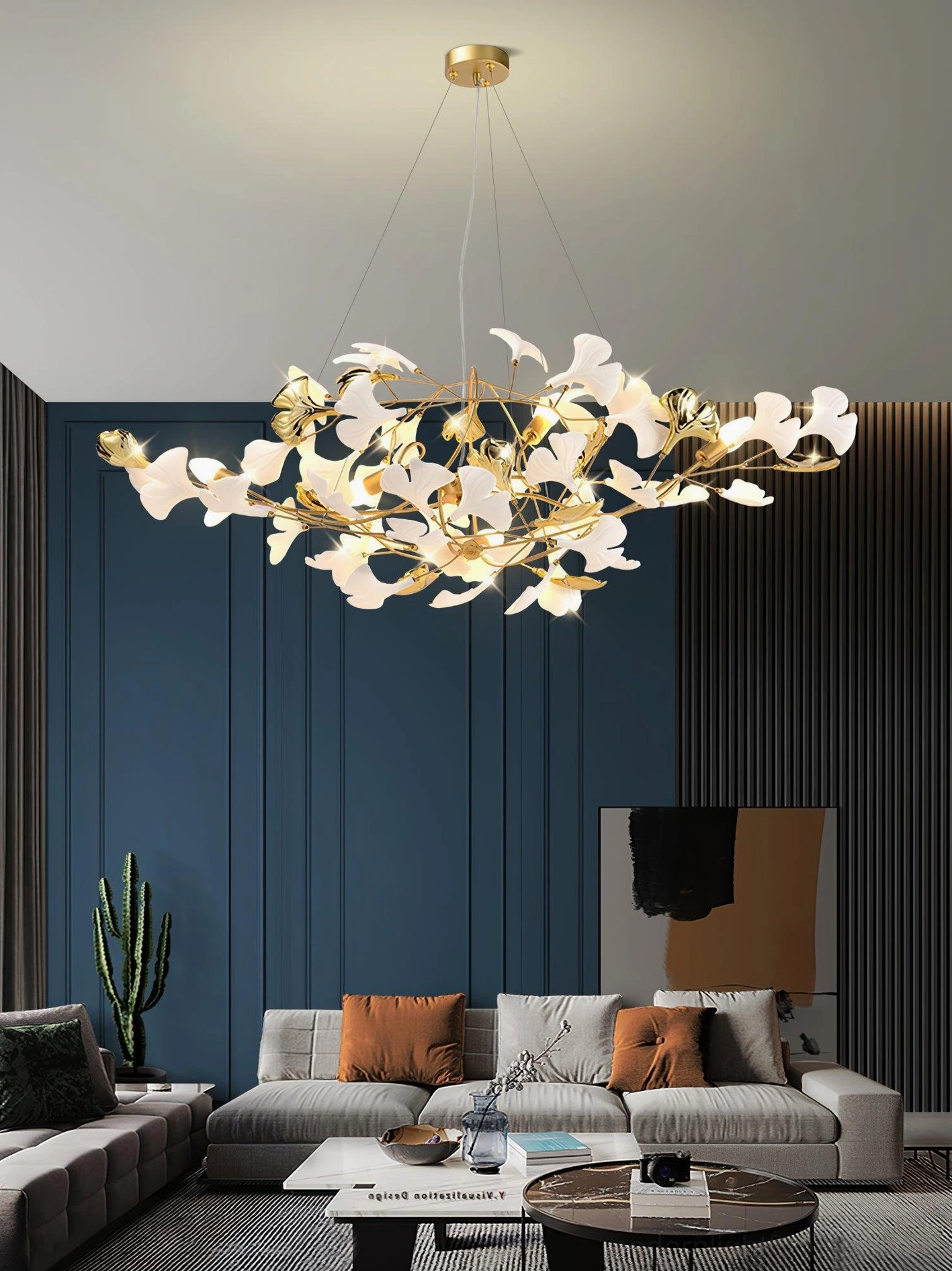 Modern ginkgo leaf ceramic pendant light - sculptural fan-shaped design in luxury home interior setting