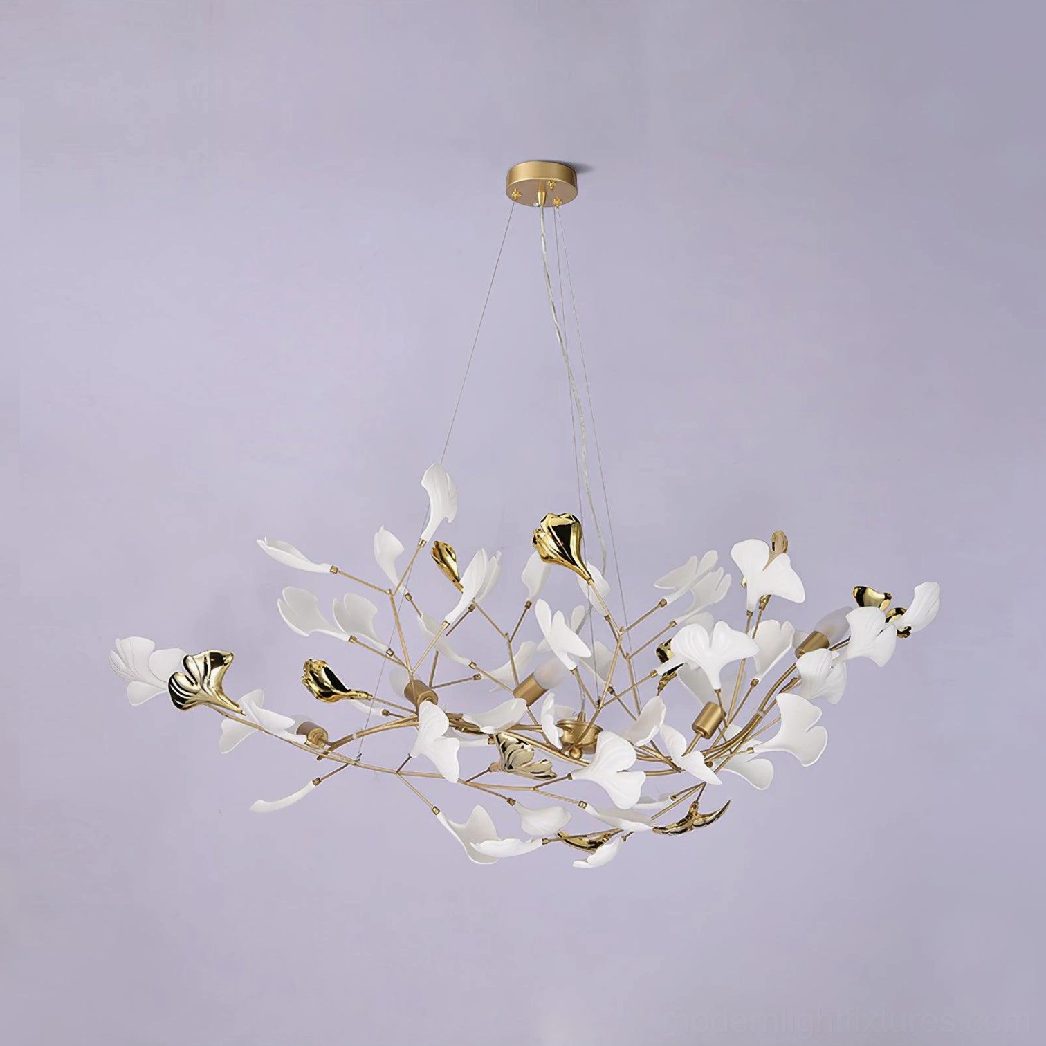 Modern ginkgo leaf pendant light - side angle view showcasing sculptural form and light diffusion through ceramic