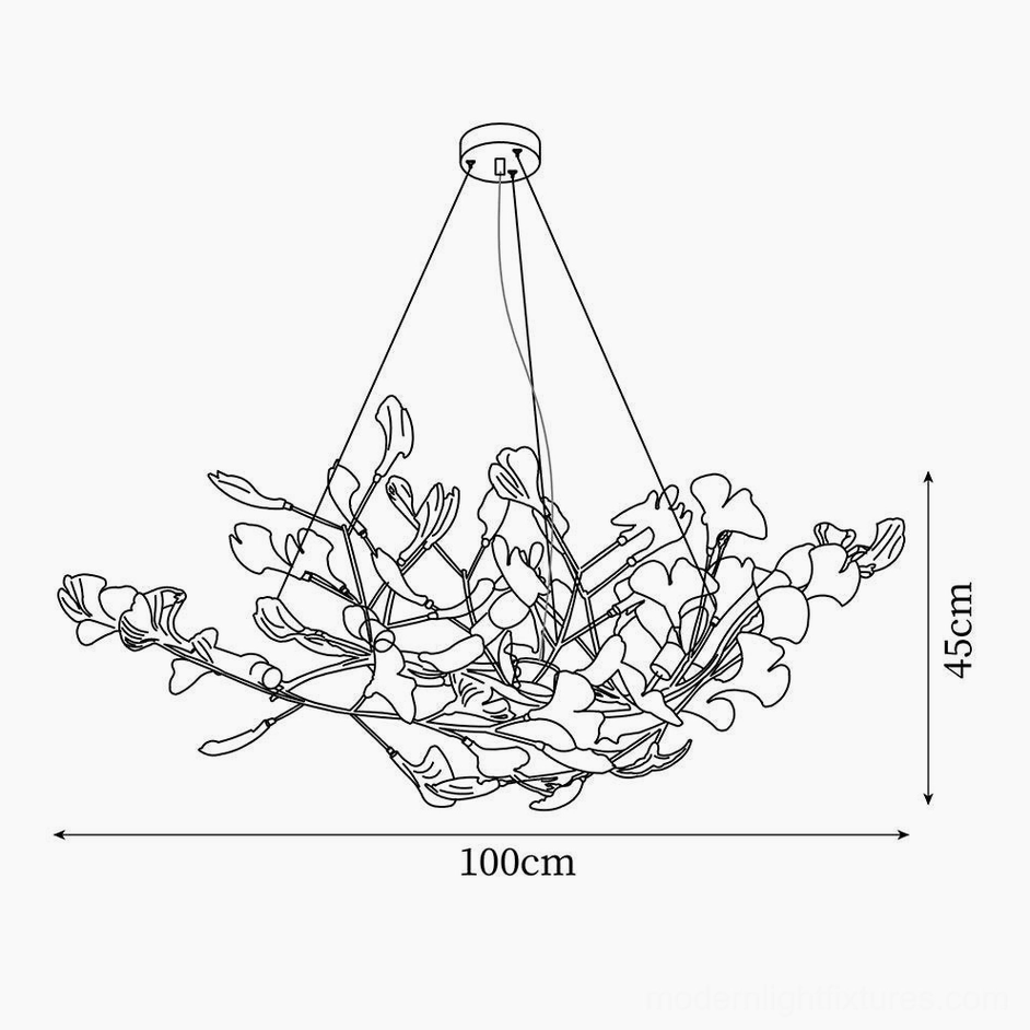 Ginkgo leaf pendant light technical specifications drawing - side view with dimensions 100cm width and 45cm height
