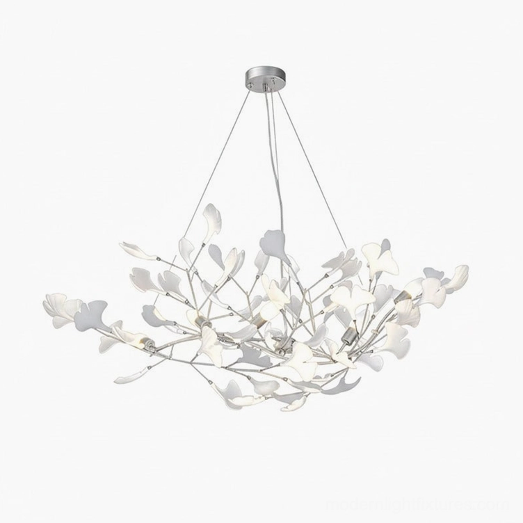 Ginkgo leaf pendant chandelier - white body and white ceramic leaves option for minimalist modern interior
