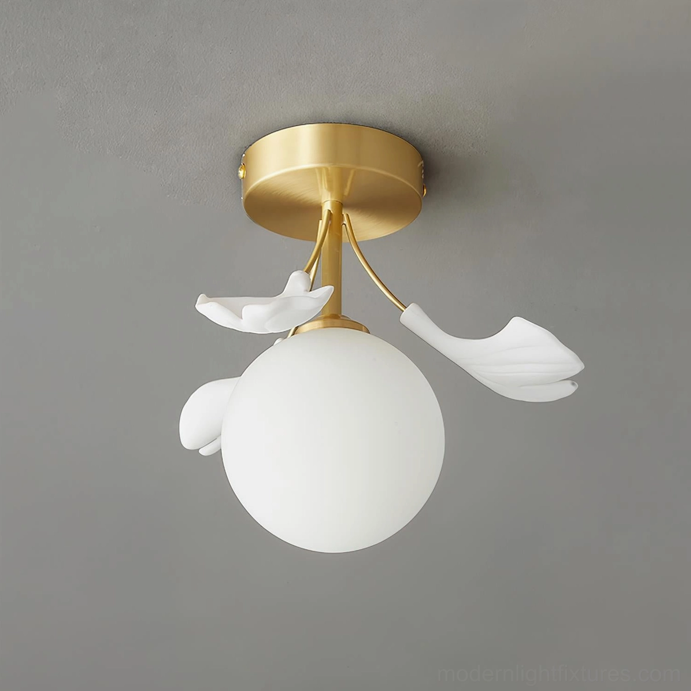 Ginkgo Rosalia semi-flush ceiling fixture detail showing brass canopy and frosted glass construction
